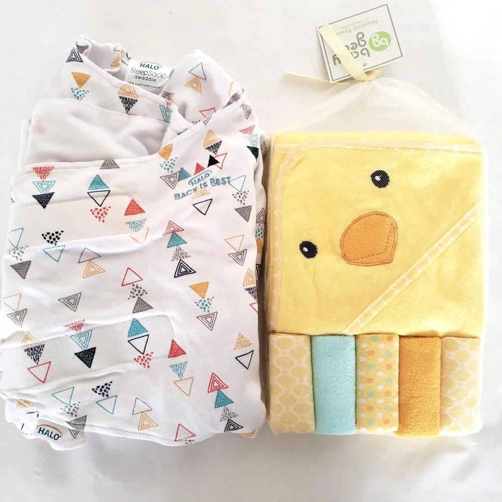 HALO SleepSack Swaddle White Cotton 3-6 Months & 6 Pc Duck Yellow Towel Set